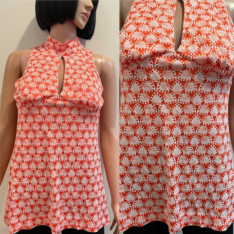 Vintage Late 60s CORKY CRAIG of CALIFORNIA Mod Orange and White Op Art Print Sleeveless Poly Nylon High Neck Shirt Groovy with Keyhole Top image 2