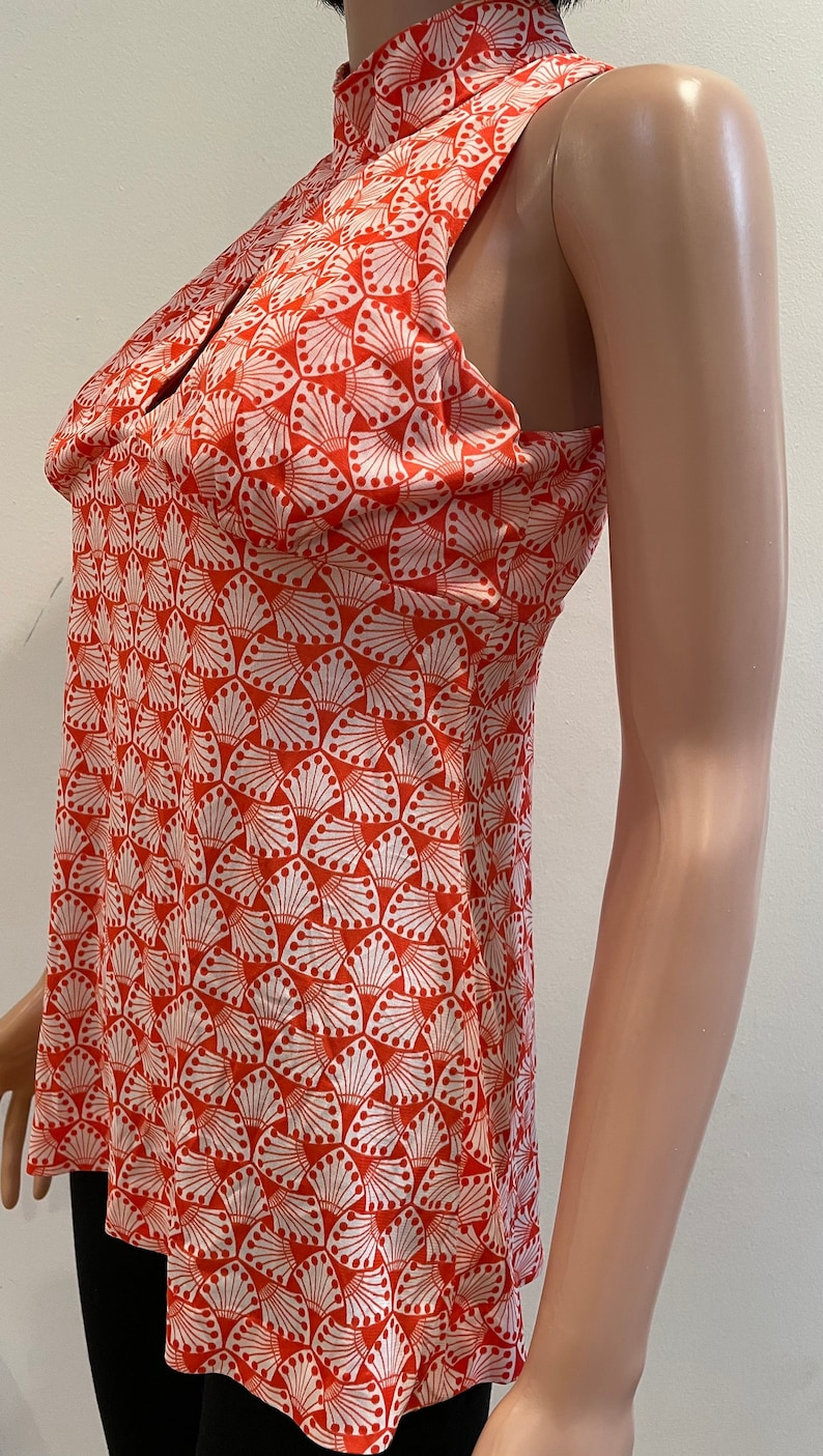 Vintage Late 60s CORKY CRAIG of CALIFORNIA Mod Orange and White Op Art Print Sleeveless Poly Nylon High Neck Shirt Groovy with Keyhole Top image 6