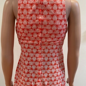 Vintage Late 60s CORKY CRAIG of CALIFORNIA Mod Orange and White Op Art Print Sleeveless Poly Nylon High Neck Shirt Groovy with Keyhole Top image 7