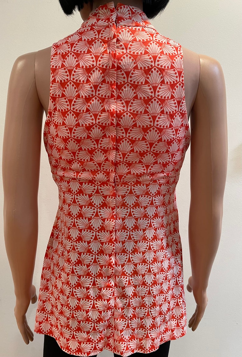 Vintage Late 60s CORKY CRAIG of CALIFORNIA Mod Orange and White Op Art Print Sleeveless Poly Nylon High Neck Shirt Groovy with Keyhole Top image 7