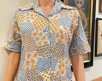 Vintage 60s Shapely Classic MID CENTURY MODERN Geometric Patchwork Print Permanent Press Top Shirt Blouse Size 10