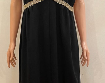 Vintage 60s 70s FORTREL Polyester Sleeveless Mod Maxi Dress with Beaded Gold and Opaque Metallic Tinsel Trim Front Slit Space Age XL