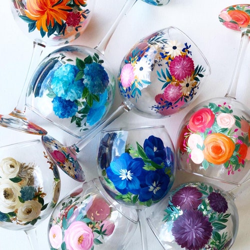 Custom Hand Painted Floral Wine Glass with optional Monogram