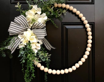 Neutral Greenery and Hydrangea All Seasons Minimalist Wooden Bead Hoop Wreath | Classic Elegant Faux Floral Wreath | Gifts for Her