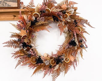 Dried Orange and Pampas All Seasons Wreath | Faux Floral Wreath | Whimsical Autumn Wreath | Unique Boho Wreath | Orange Navy & Blush Wreath