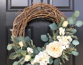 Neutral Greenery and Cream Hydrangea and Rose All Seasons Floral Wreath | Minimalist Modern Wreath | Front Porch Decor | Gifts for Mom