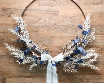 Neutral All Seasons Dusty Blue and White Minimalist Hoop Wreath with Ribbon | Simple Floral Wreath | Gifts for Her | Mother's Day Gift