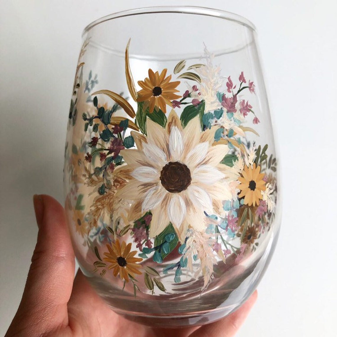 Sunflower Neutral Farmhouse Stemless Floral Painted Wine image 3