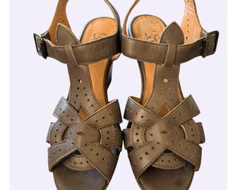 Sandales compensées en cuir à bride en T Barney's COOP, vintage, pointure 38/7,5