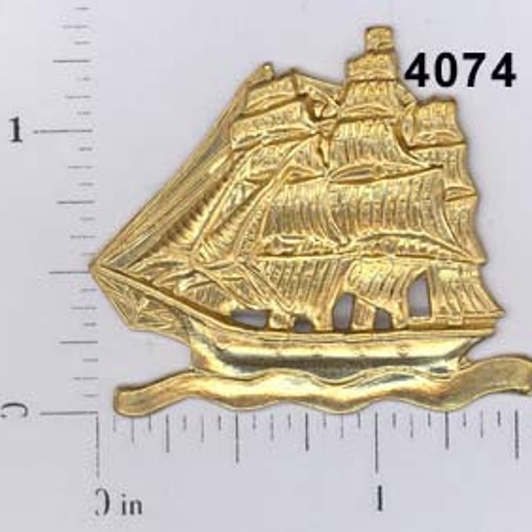 2 pc ship, clipper, pirate, sail, boat brass vintage stamping finding, embellishment #4074