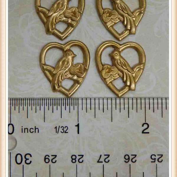 CLOSEOUT raw brass bird lovebirds heart victorian vintage ornate embellishment valentine 4 pieces (2ea)#2035-36