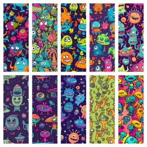 May include: A set of 10 colorful digital paper patterns featuring cartoon aliens, spaceships, and stars. The patterns are perfect for creating fun and whimsical designs for crafts, scrapbooking, and digital projects.