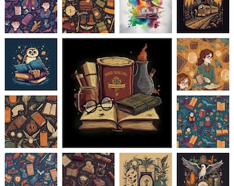 May include: A collection of 10 digital illustrations featuring a variety of Harry Potter themed designs. The illustrations include a Hogwarts Express train, a book with glasses and a quill, a book with the text "Hard Six Stiche", a pattern of owls and books, a pattern of owls and books, a pattern of owls and books, a pattern of owls and books, a pattern of owls and books, a pattern of owls and books, and a pattern of owls and books.