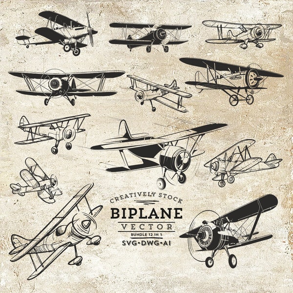 Airplane Biplane Retro, Vintage Plane, Old Aeroplane, Aircraft, Airship - Vector, Curves, Drawing, Illustration - SVG, Ai, DWG