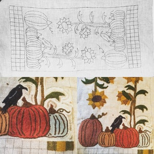 May include: A needlepoint design featuring a whimsical scene with pumpkins, birds, and flowers. The design is stitched on a white linen fabric and includes a grid pattern for guidance.