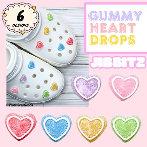 Gummy Heart Drops Jibbitz – Choice of 6 Colorful Resin Croc Charms | Candy-Inspired Glitter Hearts | Pastel Shoe Accessories for Crocs