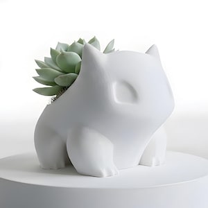 Peut inclure: Un pot de fleurs en céramique blanche en forme de personnage de dessin animé, contenant une plante succulente verte. Le pot est posé sur une base circulaire blanche. L'arrière-plan est blanc et flou.