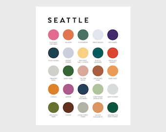 May include: A colorful chart with the word "SEATTLE" at the top. Each color represents a different Seattle landmark or attraction, such as the Space Needle, Pike Place Market, and the Fremont Troll.