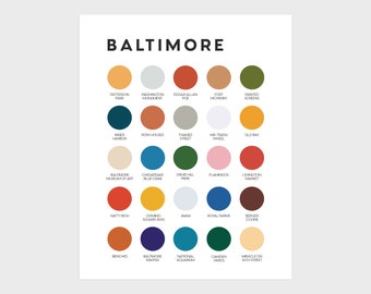 May include: A color palette featuring 25 circles representing different locations and landmarks in Baltimore, Maryland. The colors are a mix of warm and cool tones, including red, orange, yellow, green, blue, and brown.