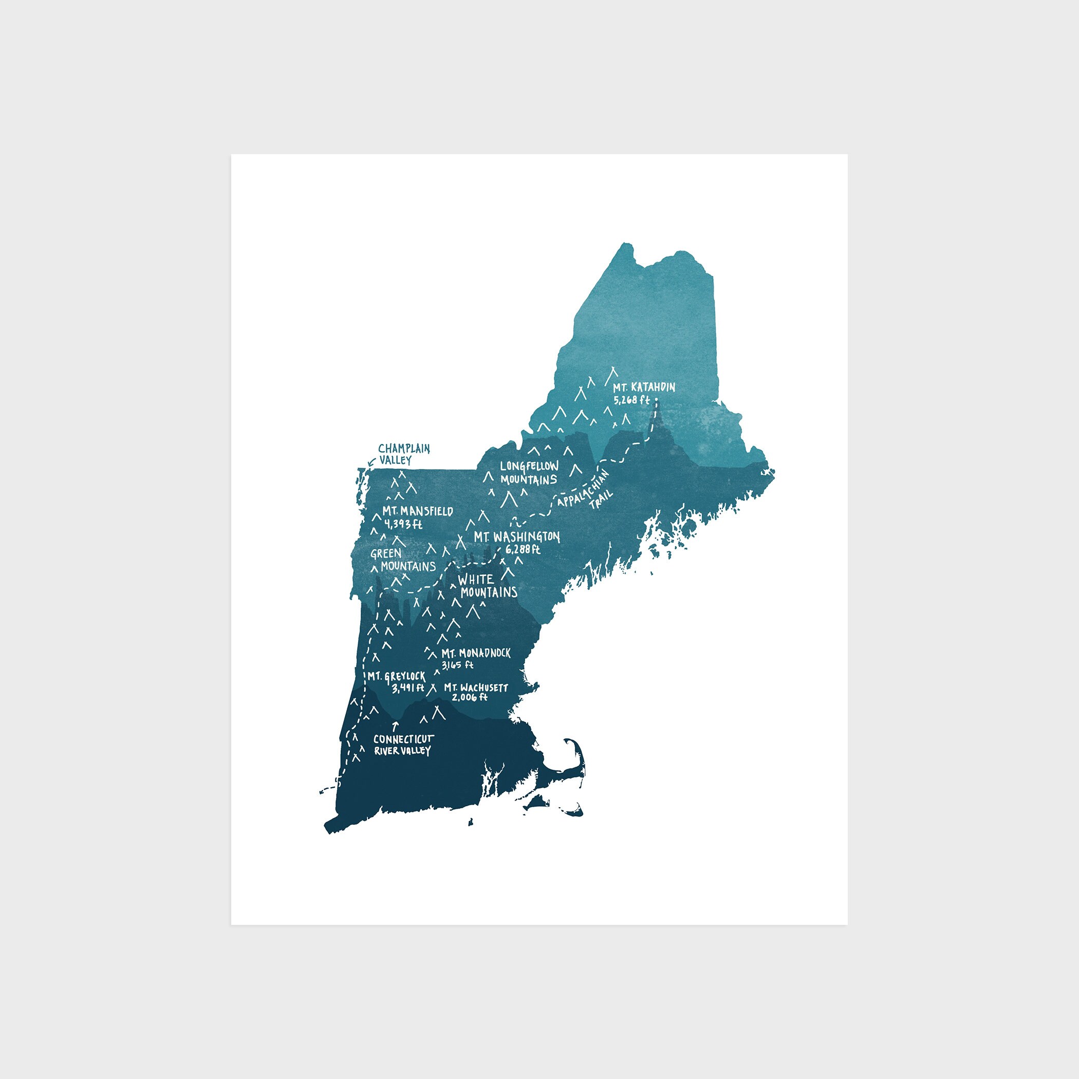 New England Map Print Etsy
