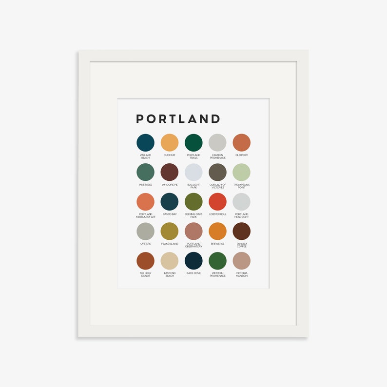 May include: A color palette poster with the word "PORTLAND" at the top and a grid of 25 colored circles. Each circle represents a different neighborhood in Portland, Oregon. The colors are a mix of blues, greens, oranges, reds, and browns.