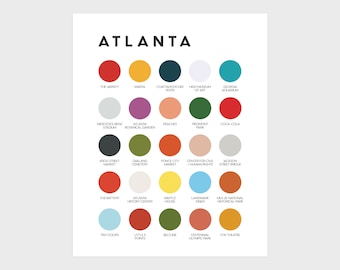 Könnte beinhalten: Ein weißes Poster mit der Überschrift ATLANTA, das ein Raster aus fünfundzwanzig farbigen Kreisen zeigt. Jeder Kreis ist mit einem bestimmten Wahrzeichen oder Ort der Stadt beschriftet, darunter The Varsity, Marta, Chattahoochee River, Coca-Cola und Fox Theatre.