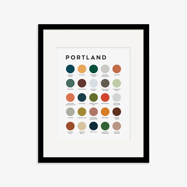 May include: A color palette poster with the word "PORTLAND" at the top. The poster features 25 different colored circles, each representing a different neighborhood in Portland, Oregon. The neighborhoods are listed below each circle.