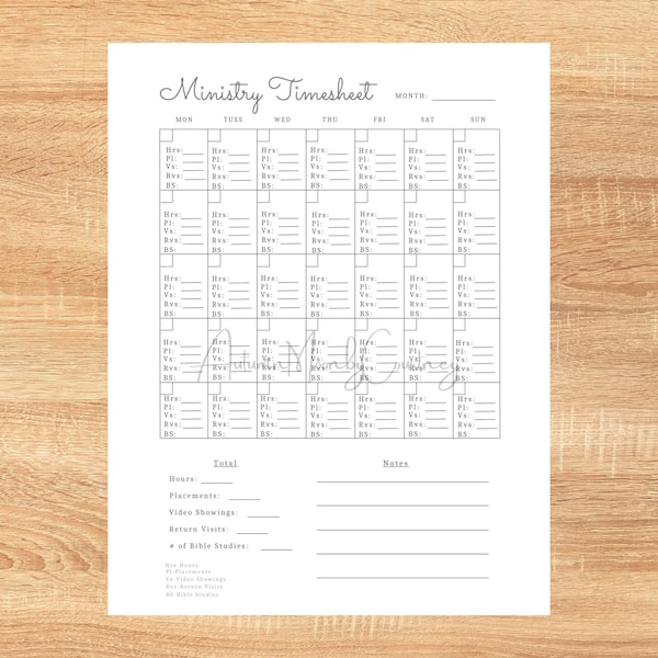 JW Printable Ministry Timesheet