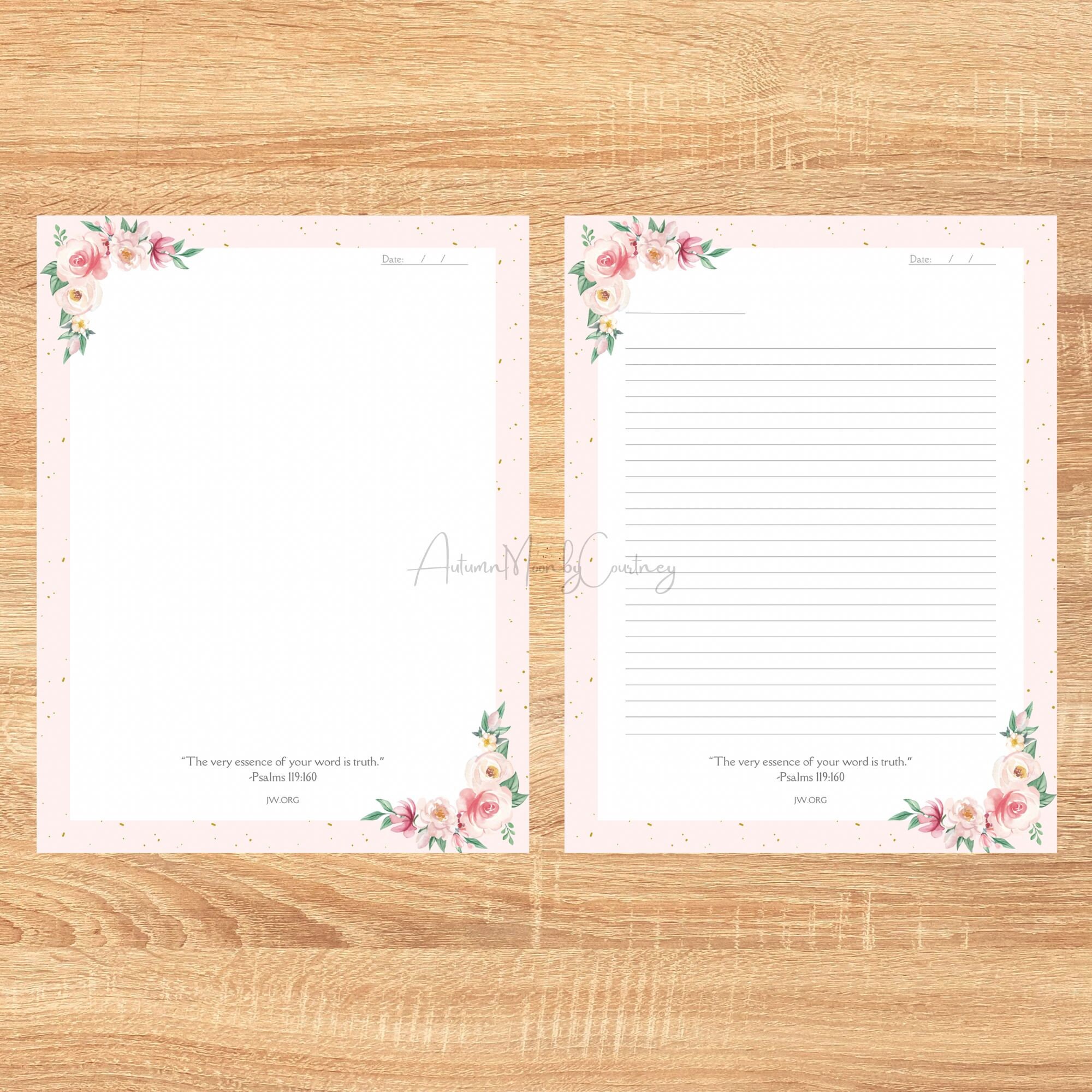 JW Printable Letterhead/ Letter Writing pink Floral W/ Gold Specks Etsy