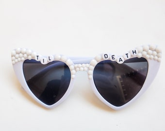 Til Death Do Us Party White Heart Rhinestone Sunglasses UV protection