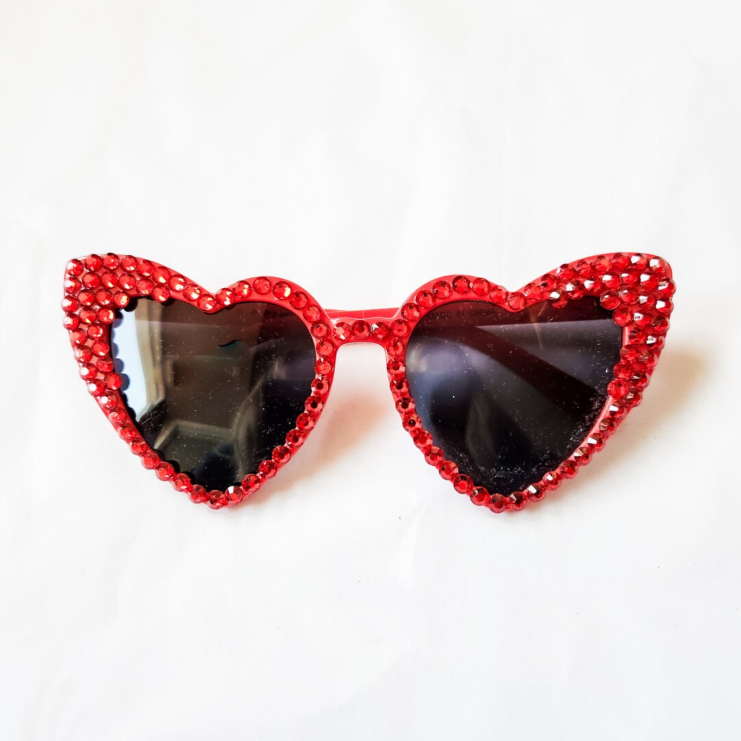 Cherry Red Studded Heart Rhinestone Sunglasses UV Protection  display picture 3