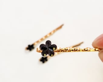 Priscilla Negro Retro Flor Rhinestone Hair Pins / Bobby Pins