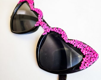 Garden Party Black and Neon Pink Floral Heart Shaped Sunglasses