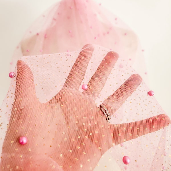 Pretty In Pink Pearl Wedding or Bachelorette Veil With Gold Sparkle