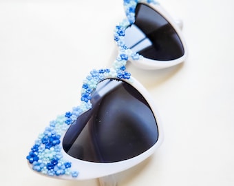 Garden Party Blue Floral Heart Shaped Sunglasses