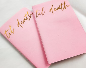 Til Death Wedding Vow Books, Set of 2, Gold, Silver or White Font on Pink Book