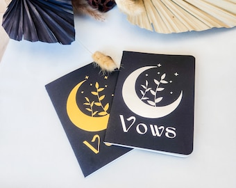 Celestial Moon and Stars Wedding Vow Books, Set of 2, Gold or Silver on Black