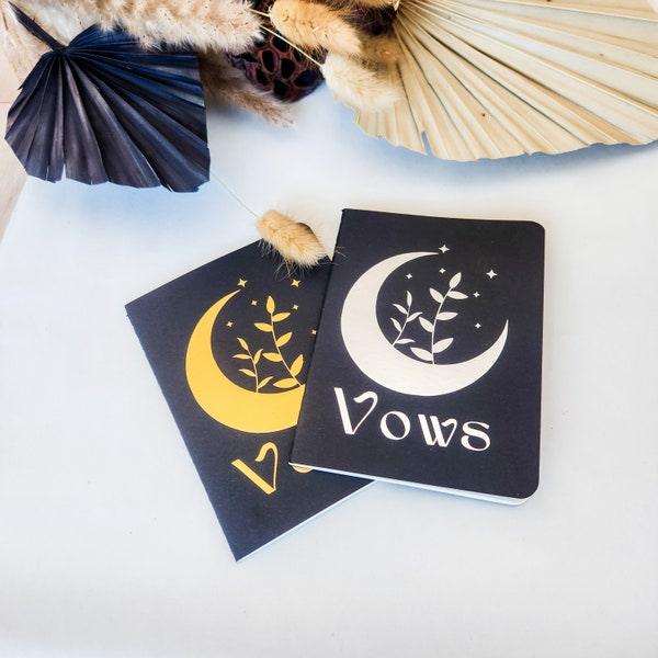 Celestial Moon and Stars Wedding Vow Books, Set of 2, Gold or Silver on Black