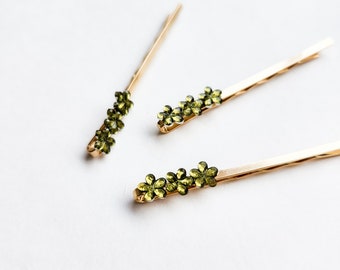 Priscilla Verde Oliva Retro Flor Rhinestone Hair Pins / Bobby Pins