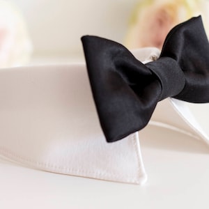 May include: A white pet collar with a black bow tie. The collar is made of a soft, white fabric and has a simple design. The bow tie is made of a smooth, black fabric and is tied in a classic bow shape.
