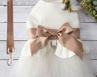 White Dog Wedding Dress with Customizable Bow & Matching Leash – Elegant Bridesmaid Outfit