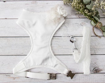 Set white satin wedding dog harness and leash and roses, Bridesmaid dog dress, Female Dog harness Ring Bearer Formal Attire, Wedding Harness