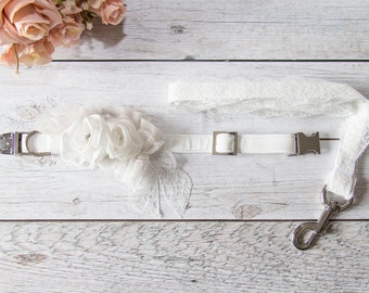 White dog wedding leash and collar with roses and lace, girly dog collar, lace dog collar, rose dog collar, dog wedding attire