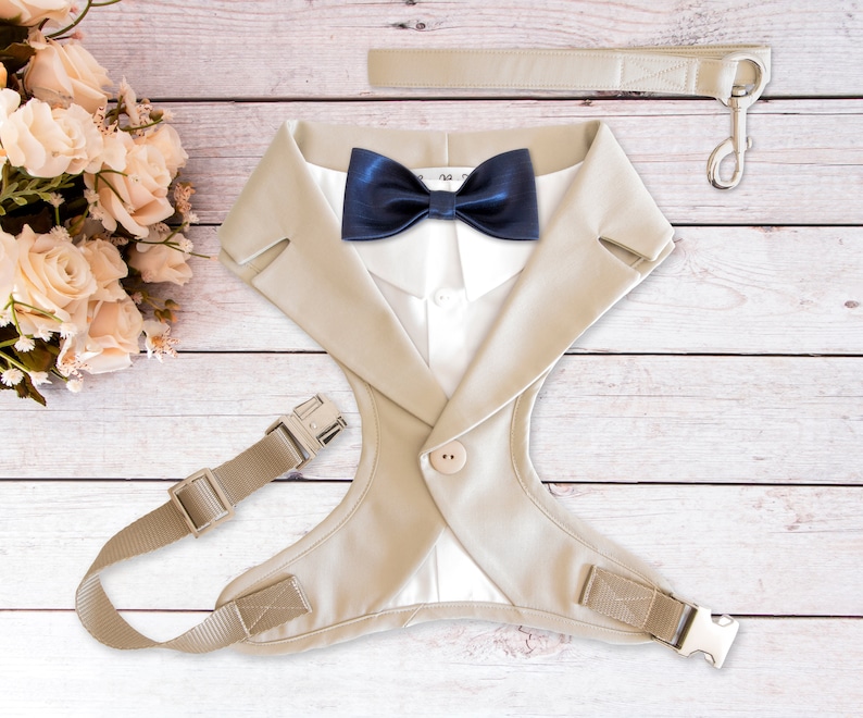 May include: A beige dog harness designed to resemble a suit jacket, complete with a navy blue bow tie. The harness has a white shirt-like front, a button closure, and adjustable straps. A matching beige leash with a silver clasp is also included.
