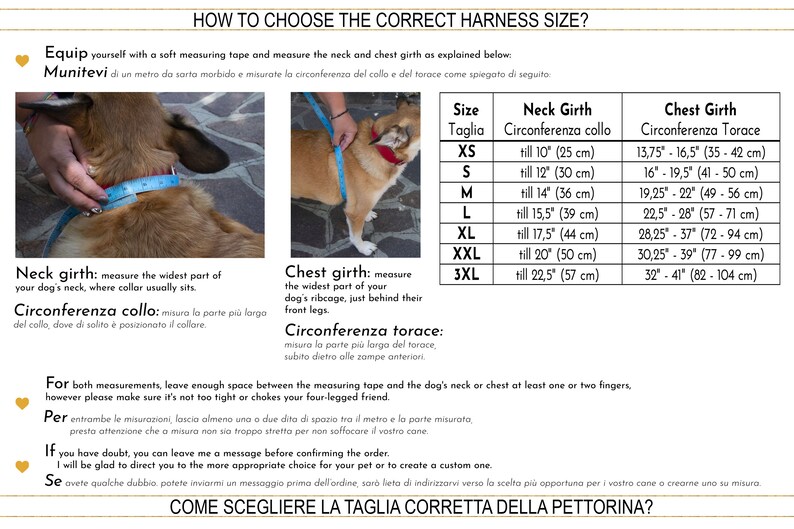 May include: Informative chart detailing how to measure a dog for a harness, including neck and chest girth measurements. The chart provides size guidelines in inches and centimeters, with visual aids and instructions for accurate sizing.