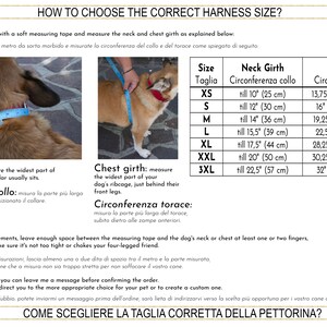 Puede incluir: Un gr&aacute;fico con instrucciones sobre c&oacute;mo elegir la talla correcta de arn&eacute;s para un perro. El gr&aacute;fico incluye medidas en pulgadas y cent&iacute;metros para la circunferencia del cuello y del pecho. El gr&aacute;fico est&aacute; etiquetado con las tallas XS, S, M, L, XL, XXL y 3XL.