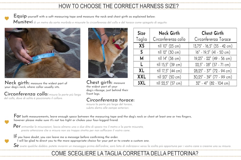 Puede incluir: Un gr&aacute;fico con instrucciones sobre c&oacute;mo elegir la talla correcta de arn&eacute;s para un perro. El gr&aacute;fico incluye medidas en pulgadas y cent&iacute;metros para la circunferencia del cuello y del pecho. El gr&aacute;fico est&aacute; etiquetado con las tallas XS, S, M, L, XL, XXL y 3XL.