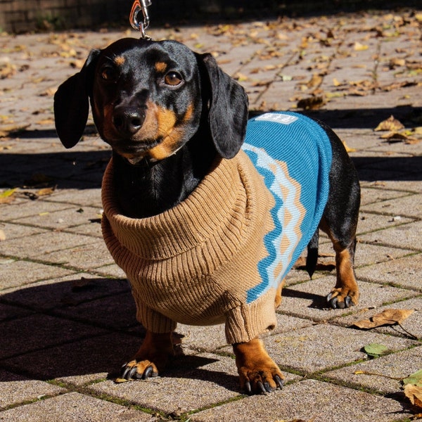 Rollkragenpullover für Hunde mit Zick-Zack Intarsienmuster aus 100% Merino Wolle, Rollkragenpullover für Hunde, Hundepullover aus Merinowolle