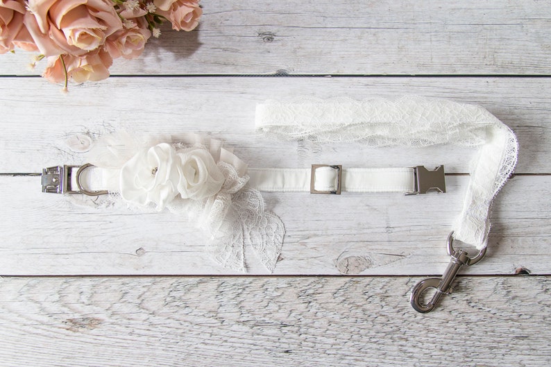 White dog wedding leash and collar with roses and lace, girly dog collar, lace dog collar, rose dog collar, dog wedding attire image 1