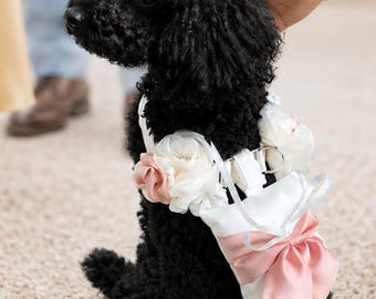 Arnés blanco para perro con rosas y correa para bodas: traje personalizado para portador de anillos